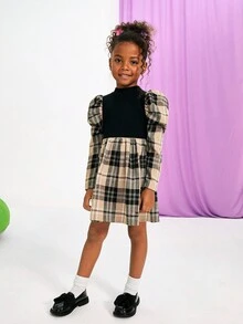 SHEIN Serisse Kids 少女格子羊腿袖立领连衣裙，适合日常休闲穿着，适合返校穿着 - 黑色 - 查看 5