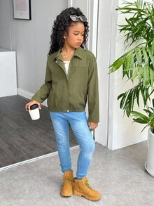 Tween Girl Plain Raglan Zip-Up Casual Versatile Jacket Fall Winter - Green - View 4