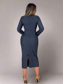 Women's Fashionable Sexy Deep V Bodycon Mid-Length Dress Fall Cloth For Women - Navy Blue - View 2