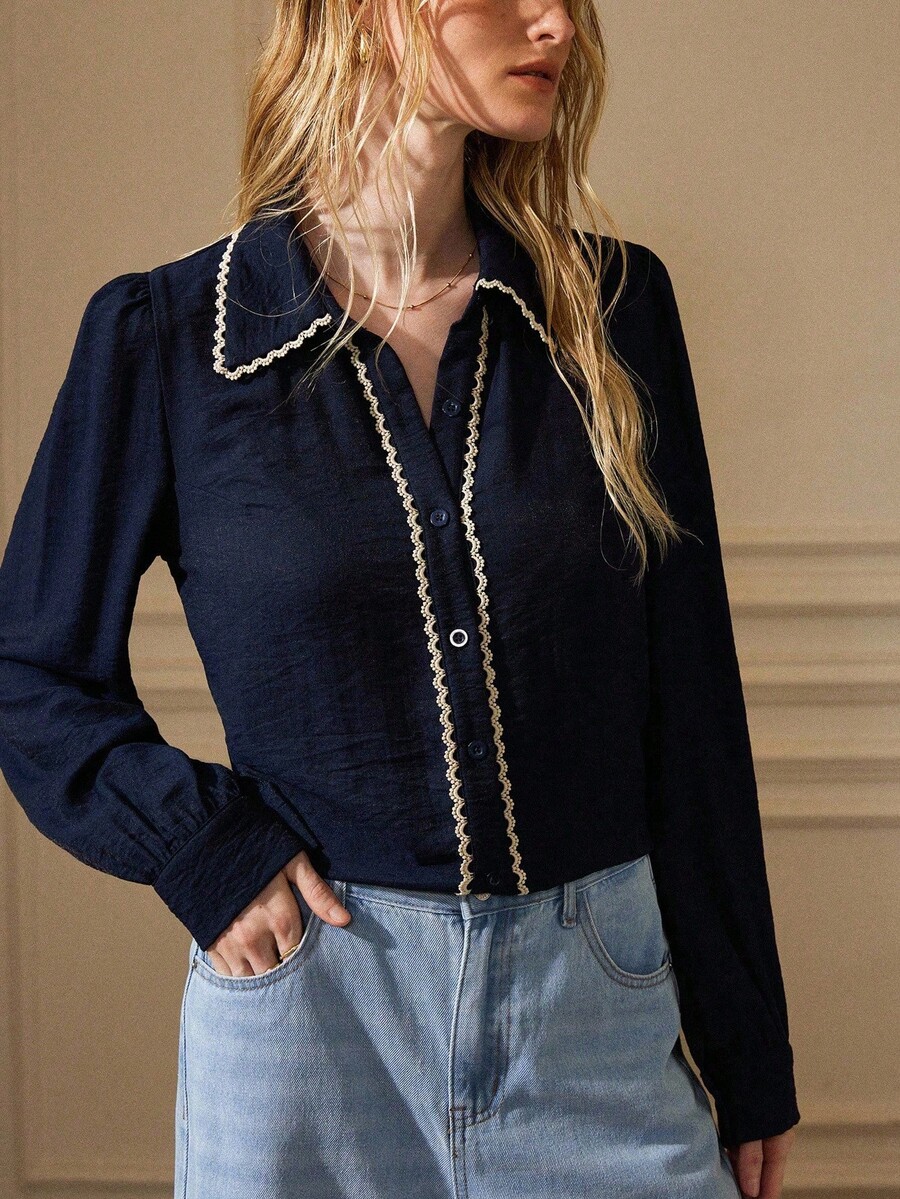 Écloséra Camisa de mujer de manga larga con cuello y puños de contraste texturizados de mezcla de lino con ribete floral estilo retro francés, para primavera/otoño - Azul Marino - Ver 1