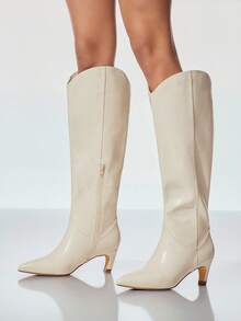 SHUZIA Nuevas botas altas versátiles de mujer de punta fina con tacón de gatito, de PU, cálidas y cómodas, para uso diario, otoño, invierno y vacaciones - Blanco - Ver 3