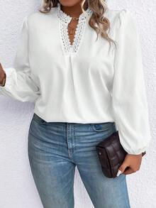 SHEIN Clasi Tricou cu mânecă lungă, culoare solidă, casual, pentru afaceri, plus size, pentru femei - alb - Vizualizare 6