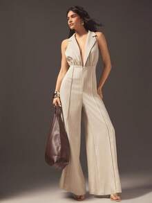 Hauture 女士性感休闲商务套装领无袖直筒连体裤办公室 - 杏色 - 查看 1