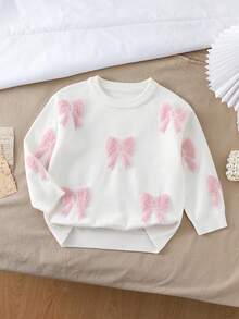 SHEIN Vintaside Kids 女童厚款粉色蝴蝶结圆领白色套头毛衣，休闲可爱，适合叠穿，也适合秋冬季节、圣诞节、万圣节等派对场合。 - 白色 - 查看 6