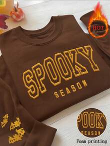 INAWLY Halloween Puff Sleeve Sweatshirt, Horror Season Round Neck Sweatshirt, Women Round Neck Bubble Print Halloween Pattern Sweatshirt - Coffee Brown - View 4
