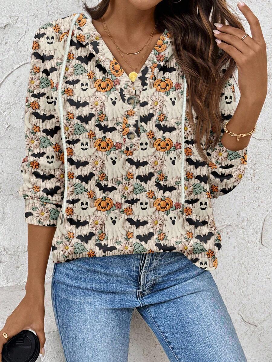EMERY ROSE Women's Plus Size Halloween Ghost, Bat, Pumpkin Print Sweatshirt, Elegant Vintage Holiday Style, Warm Fleece, Plus SizeIn Fall/Winter - Multicolor - View 1