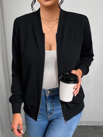 SHEIN PETITE CURVE 女式加大码纯色拉链飞行员夹克