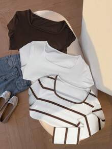 3pcs/Set Square Neck Casual Versatile Long Sleeve Teen Girls T-Shirts Fall Winter - Multicolor - View 3