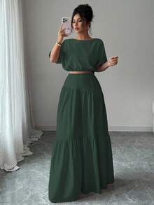 Elenzga Bộ 2 áo crop top tay bồng lãng mạn thanh lịch và chân váy chữ A cho nữ - Màu xanh lá cây đậm - Xem 1
