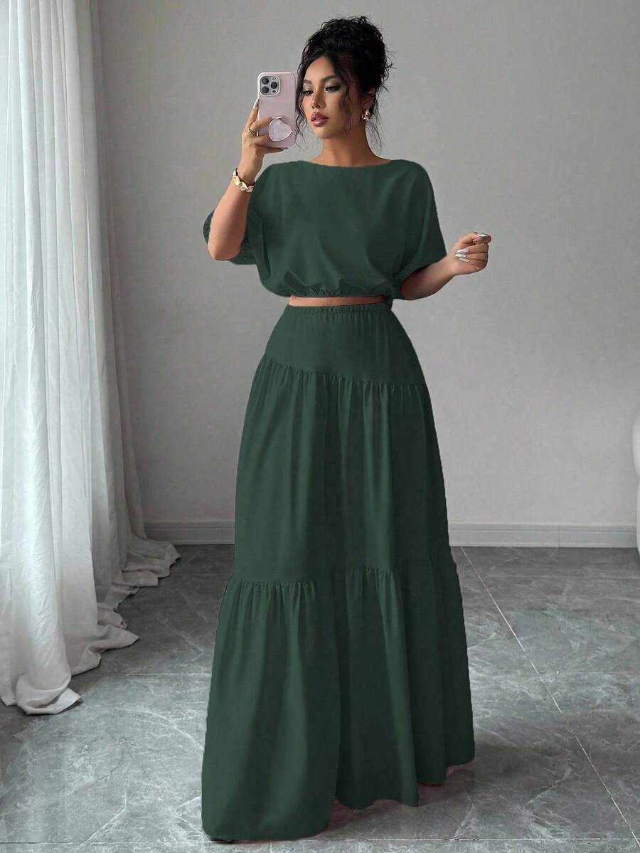 Elenzga Bộ 2 áo crop top tay bồng lãng mạn thanh lịch và chân váy chữ A cho nữ - Màu xanh lá cây đậm - Xem 1