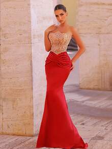 Glamrae Jupe sirène en satin stretch patchwork de sequins et perles bordeaux et champagne, convient pour les occasions formelles, les galas, les mariages, les remises de diplômes, les bals