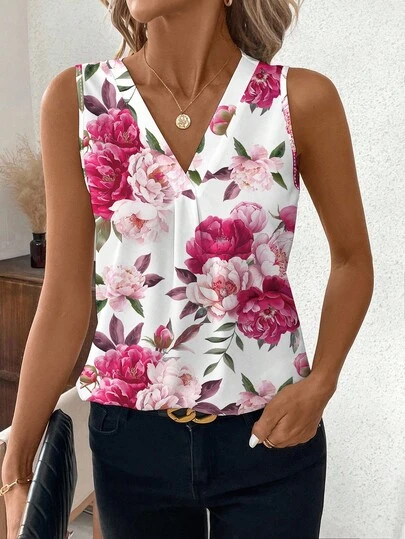 SHEIN Clasi Rose Printed V-Neck Sleeveless Blouse For Women Suitable For Going Out Chic Blouses For Women