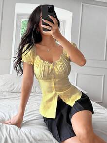 SHEIN Raffinéa Women's Summer Casual Everyday White And Yellow Striped Top,Cute Big V-Neck Front Button Babydoll Shirt,Square Neck Ruched Spring Short Sleeve Tops - Yellow - View 6