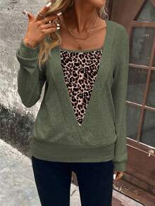 EMERY ROSE Women's Autumn/Winter New Arrival Bestselling Leopard Print Patchwork Design Casual Sweatshirt - Multicolor - View 6