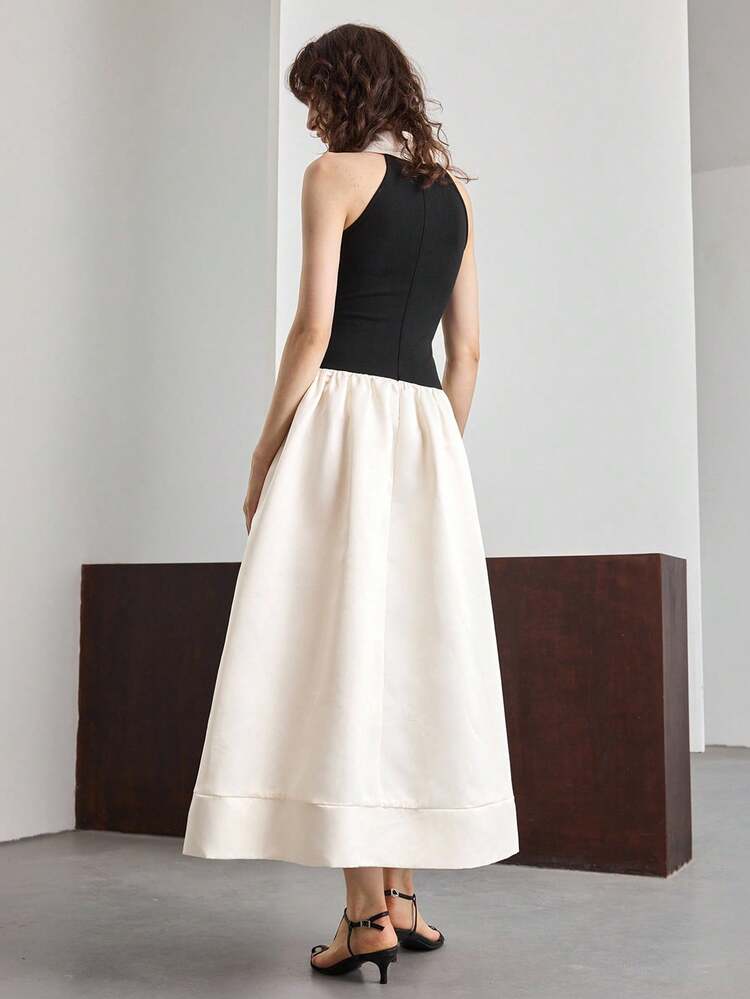 Women's Black & White Summer Elegant Day Party Maxi Dress,Patchwork Satin Collar Sleeveless Belted High-Low Flared Dress,Luxury Business Cruise Wear