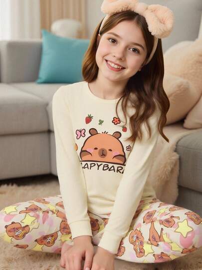 SHEIN 2pcs/Set Girls Cute Bear Animal Print Yellow Top & Bear Star All-Over Print Crew Neck Long Sleeve Leggings Knit Fabric Comfortable Stretchy Snug Fit Loungewear Set Fall Winter Snug Fit Kawaii Pajamas