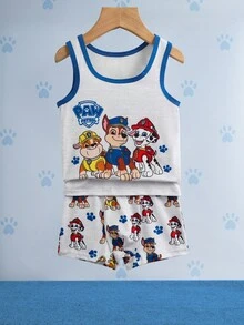 SHEIN | PAW Patrol 2pcs Young Boy Grey & Blue Contrast Trim  Cute Cartoon Dog Puppy Print Tank Top And Shorts Underwear Set,Soft & Comfortable,Suitable For Everyday Wear, Boy 2 Piece Set Fall Winter