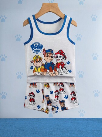 SHEIN | PAW Patrol Conjunto de ropa interior de camiseta de tirantes con gráfico de dibujos animados y ribete de contraste, y pantalones cortos para niño pequeño