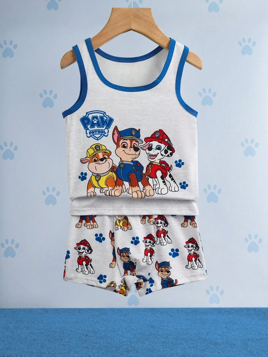 SHEIN | PAW Patrol 2pcs Young Boy Grey & Blue Contrast Trim  Cute Cartoon Dog Puppy Print Tank Top And Shorts Underwear Set,Soft & Comfortable,Suitable For Everyday Wear, Boy 2 Piece Set Fall Winter