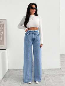 EURMUSE HIGH RISE WIDELEG JEAN WITH FRAYED POCKET - Baby Blue - View 4