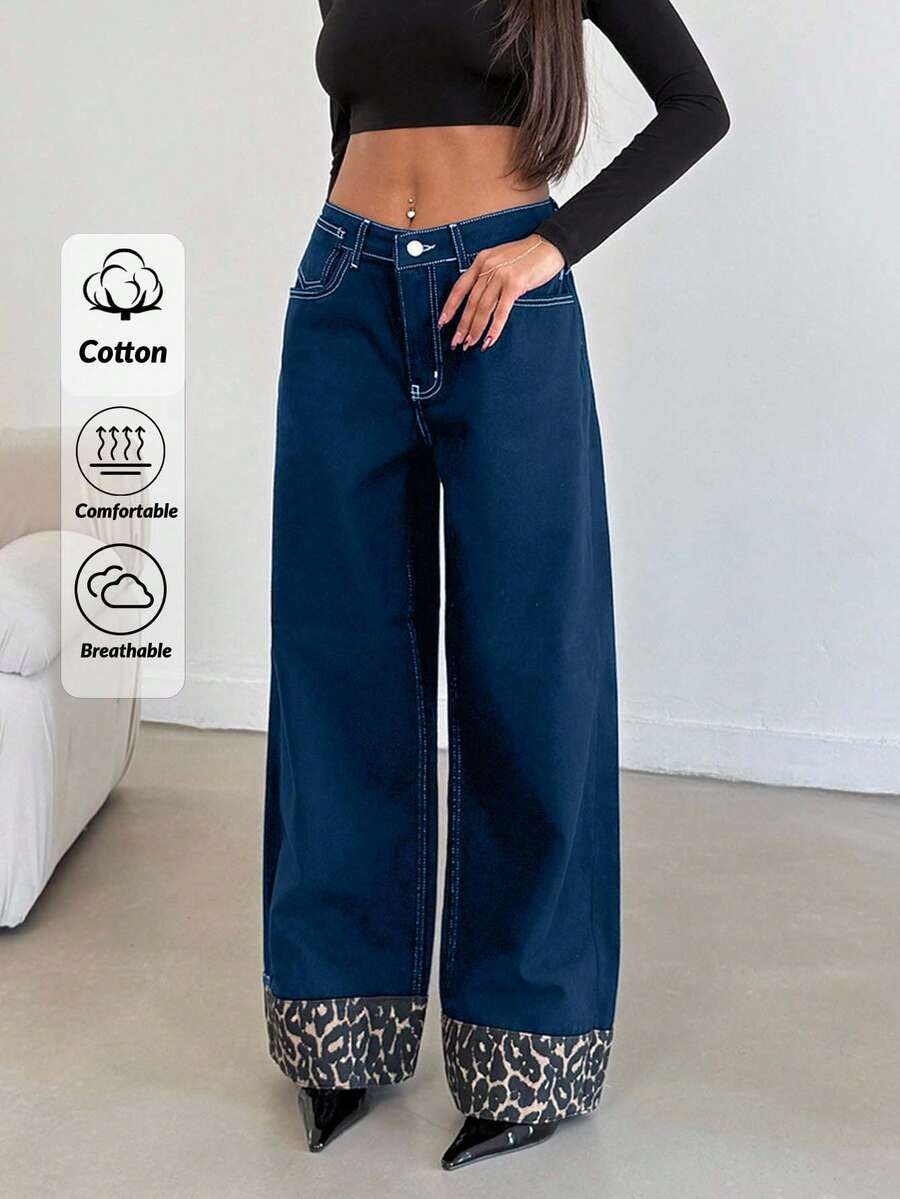 EURMUSE Women's Straight Comfortable Breathable Loose High Rise Wide Leg Jeans With Leopard Print - Dark Wash - View 1