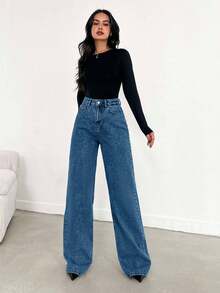 Jeans a vita alta, gamba ampia, orlo lungo, blu - 716 gr