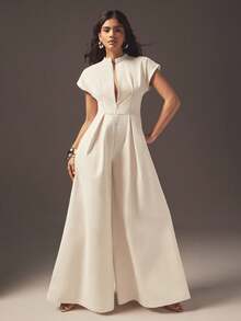 Hauture 女式办公室休闲性感前拉链阔腿短袖连体裤 - 杏色 - 查看 3