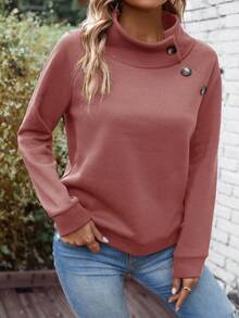 EMERY ROSE New Plus Size Women Casual Fleece Button High Collar Sweatshirt - Brown - View 5