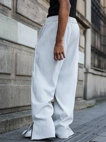 PAVTROS Manfinity Streetrush Men's Light Grey Streetwear Summer City Break Loose Drawstring Waist Trousers,Simple English Printing & Ribbon Collage Design - Light Grey - View 5