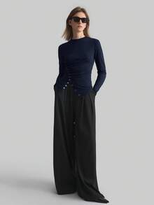 Ontre Women's Solid Color Round Neck Long Sleeve Metal Button Waist Casual Long Sleeve Elegant Commuter Autumn Women's Wear, Commuter Women's Wear, Business Casual Women's Wear, Christmas, Halloween, Christmas Party, Outing, Office Wear