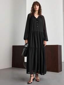 Ontre Rochie de damă cu guler înalt, neagră, rezistentă la riduri, modernă și urbană, stil 2025, stil casual de zi cu zi/business