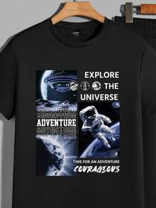 Manfinity Homme Astronaut Space Themed Typography Print Casual Slim Fit Men's Black Short Sleeve T-Shirt And Pants Set
