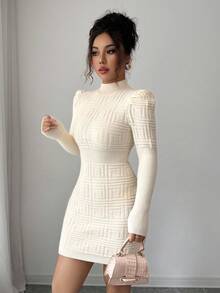 Elenzga Vestido de suéter de mujer con cuello alto, elegante, de Body ceñido, con textura acanalada y cintura acanalada - Albaricoque - Ver 6