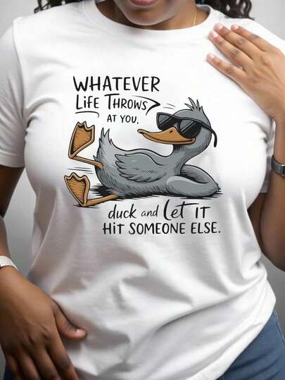 Maweii Plus Size, Women's Funny Duck Graphic T-Shirt - "Whatever Life Throws At You" Saying - Stretchy Plus Size Top - Machine Washable Everyday Casual Shirt - Lightweight All-Season Women's Tee