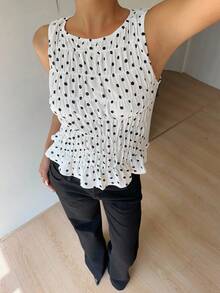 Siren Gaze 女士褶皱衬衫，波尔卡圆点吊带背心，适合所有季节，休闲日常穿着，复古，街头潮流 - 黑與白 - 查看 5