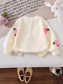 SHEIN Áo nỉ dễ thương thường ngày cho bé gái với họa tiết hoa móc 3D, họa tiết hoa màu hồng, áo vui tươi cho bé gái mùa thu - Màu be - Xem 2