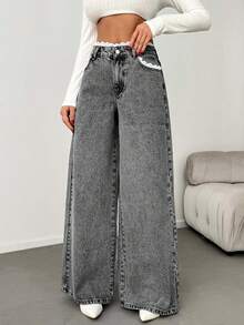 EURMUSE WOMEN DENIM WIDE LEG MID WAIST LACE BELT DETAIL JEANS - Grey - View 5
