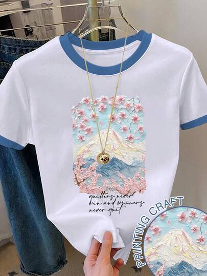 Resyla Women's Landscape Print Round Neck Short Sleeve T-Shirt