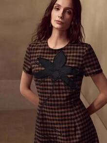 MOTF PREMIUM HOUNDSTOOTH FLORAL EMBROIDERED MINI DRESS - Rust Brown - View 3