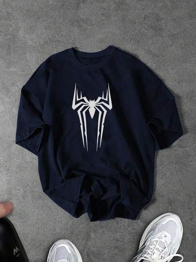 Manfinity Sport Corelite Camiseta deportiva casual de cuello redondo con estampado de araña para hombres