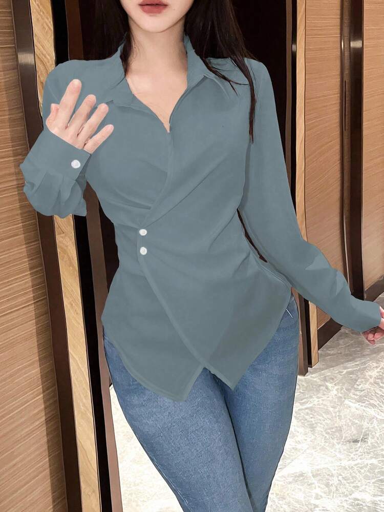 EMERY ROSE 女士纯色不对称下摆交叉裹身优雅长袖女式衬衫 - 中等水洗藍 - 查看 6