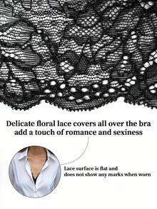 SHEIN 1pc Women's Lace Patchwork Wireless Bra - Black - View 5