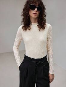 Ontre Elegant White Lace Stand Collar Long Sleeve Bodysuit, Women's Top, Minimalist Style, Daily/Business Wear, 2025 New Arrival