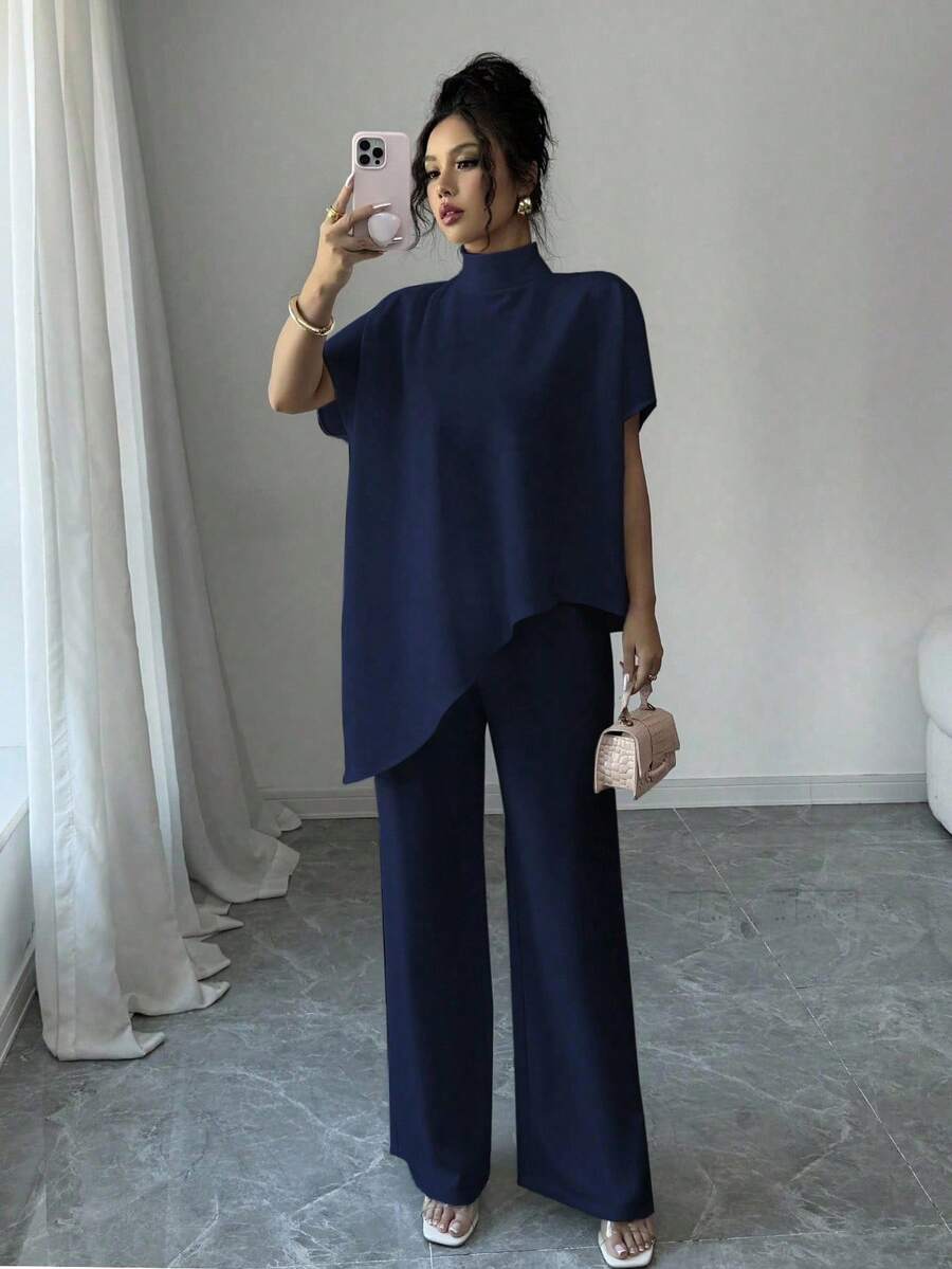 Elenzga Bộ 2 món dành cho nữ: Áo cổ bất đối xứng và quần dài - Màu xanh hải quân - Xem 1