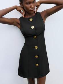 Maija 女士黑色金属花朵装饰设计夏季休闲连衣裙，无袖圆领公主剪裁侧口袋商务通勤优雅办公室女士服装，低调复古别致都市社交名媛节日派对时尚迷你连衣裙