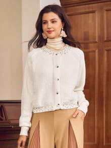 SHEIN Clasi Women's Fashion Casual Embellished Collar & Hem Single-Breasted Shiny Knit Cardigan, Suitable For Christmas, New Year, Thanksgiving Gift - White - View 3