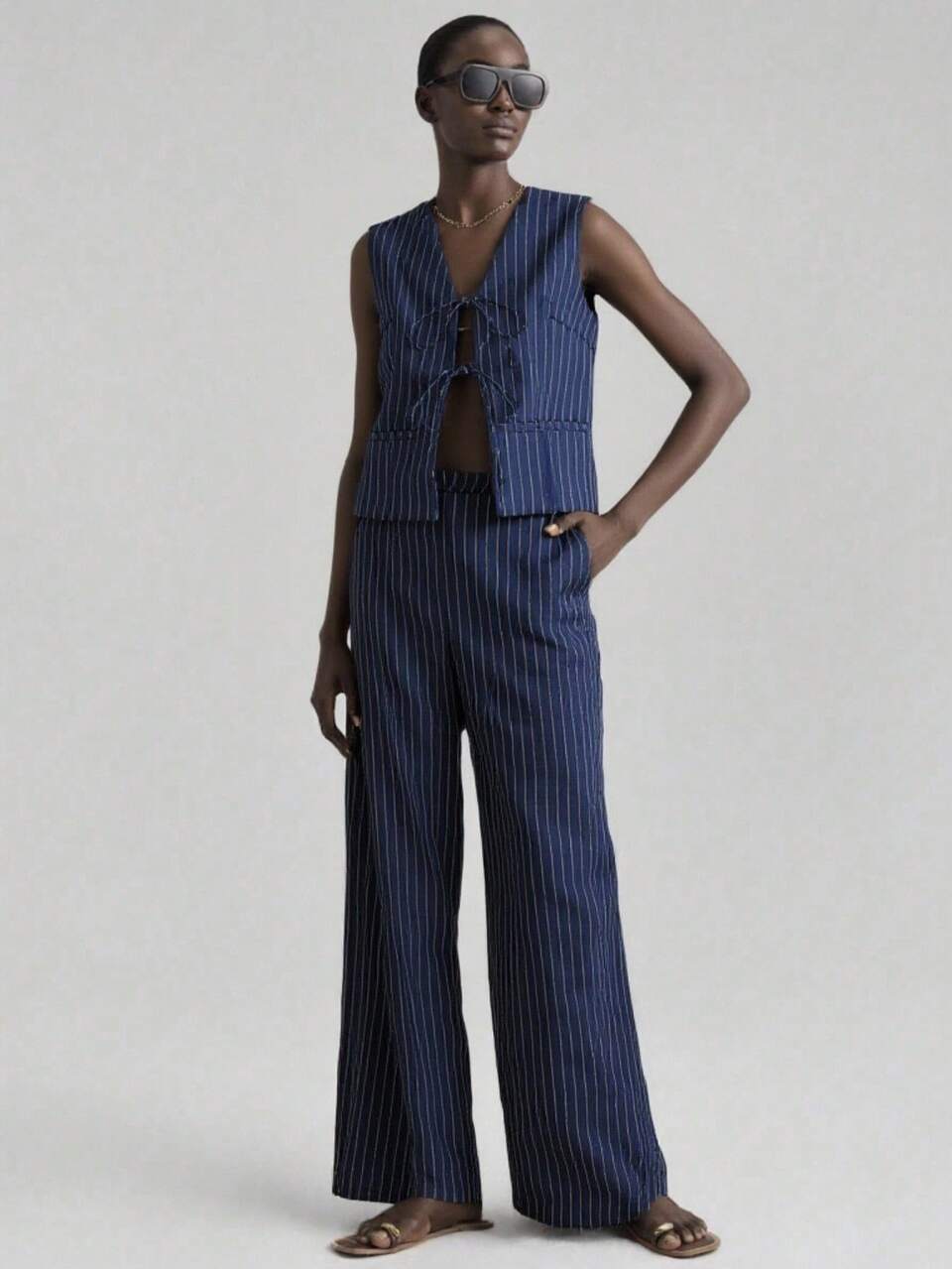 Women's Summer Elegant Navy Blue And White Striped Tie Vest And Pants Two Pieces Set,Business Casual Brunch Outfits,Wedding Guest Attire,Teacher Wear