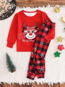 SHEIN Young Girl Christmas Gingerbread Man, Snowman, Santa Graphic Soft Cozy Thermal Lined Long Sleeve Top And Pants Snug Fit Loungewear, Suitable For Autumn/Winter - Red - View 6