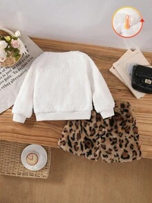 SHEIN 2 件女婴可爱猫咪刺绣羊毛卫衣 + 时尚羊毛豹纹短裤套装，秋冬 - 米色 - 查看 2