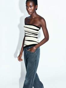 Maija Women Apricot & Black Dual Color Design Versatile Modern Urban Fashion Asymmetrical Hemline Knit Top, Business Casual Office Striped Tube Top Tube Tops Women Strapless Tops Long Tube Top Business Casual Women's Wear, Office Wear, Low-Key Old Money Style, Effortless Temperament, High-End Urban Commuting, The Same Style As The Editor-In-Chief Of The Magazine, Urban Social Vacation Party Wear, Charming, Low-Key And Durable Basic Style, Versatile And Not Picky Clothing, Street Fashion Wear,Going Out Top,Autumn Outfits For Women, Christmas Women's Clothing - Multicolor - View 4